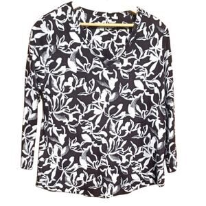 Chico's Black White Floral Pima Cotton Top 3/4 Sleeve Stretch Women's 1 Medium